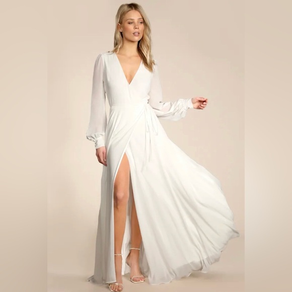 Lulus Dresses & Skirts - Lulus White Long Sleeve Wrap Maxi Dress – Bridal Wedding Elopement Gown Size L